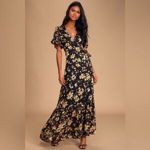 Lulu’s Lean On Me Black Multi Print Wrap Maxi Dress. New with Tag. Size XL.